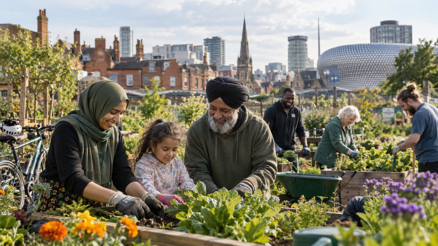 Diverse Birmingham community working together in a thriving urban green space